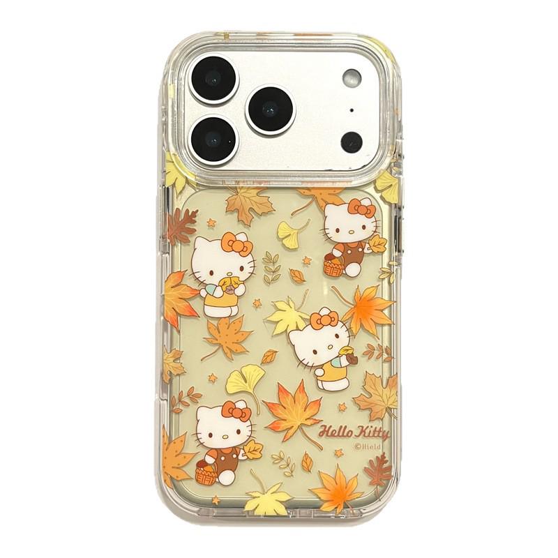 Hello Kitty Maple Leaf Phone Case for iPhone 17/16 Pro Max/15/14 - Autumn/Winter Translucent Yellow