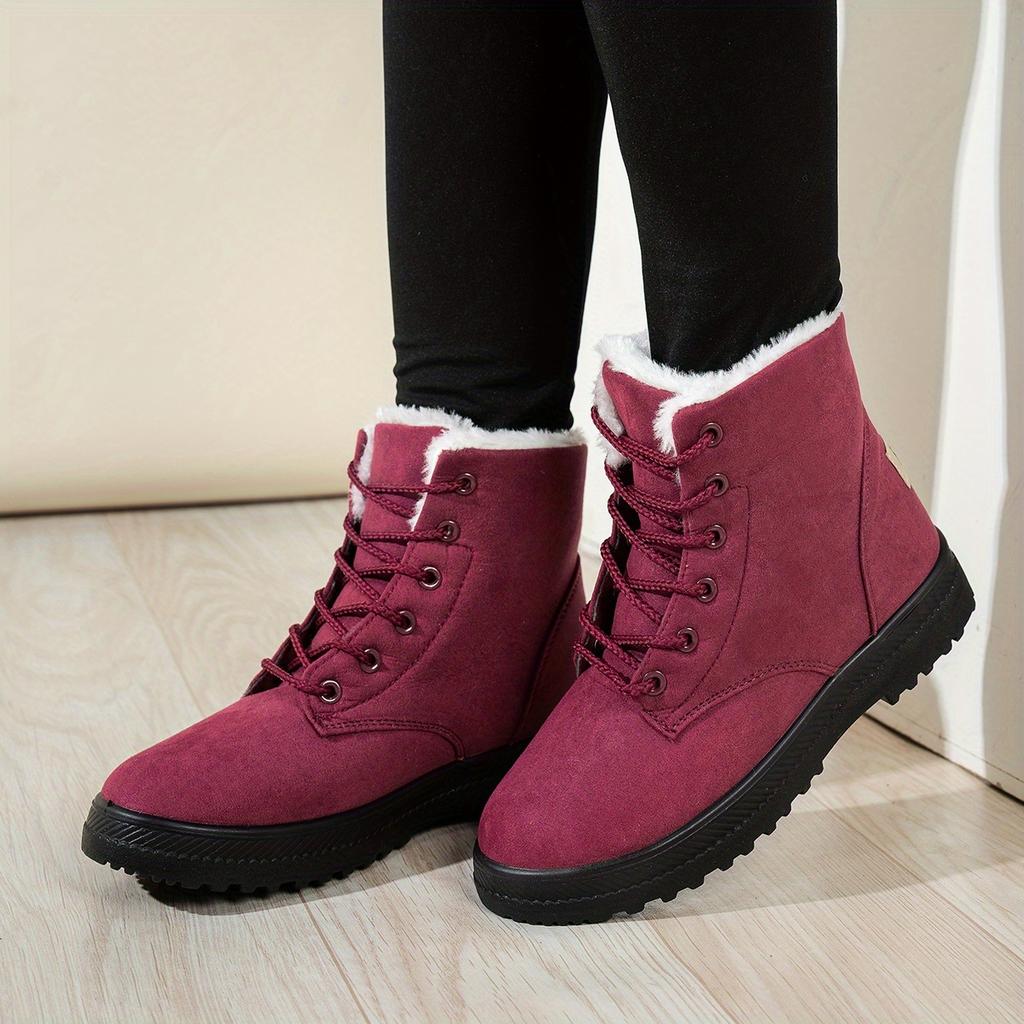 Damen Einfarbige Kurze Stiefel, Lässige Schnürstiefel mit Plüschfutter, Bequeme Winter-Knöchelstiefel