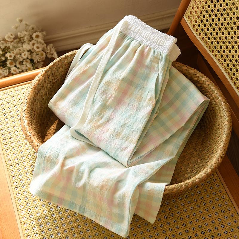 Spring Summer Color Matching Candy Straight Leg Pants for Home Wear Women's Cotton Plaid Design Loose Drawstring Waist Pajama Pants