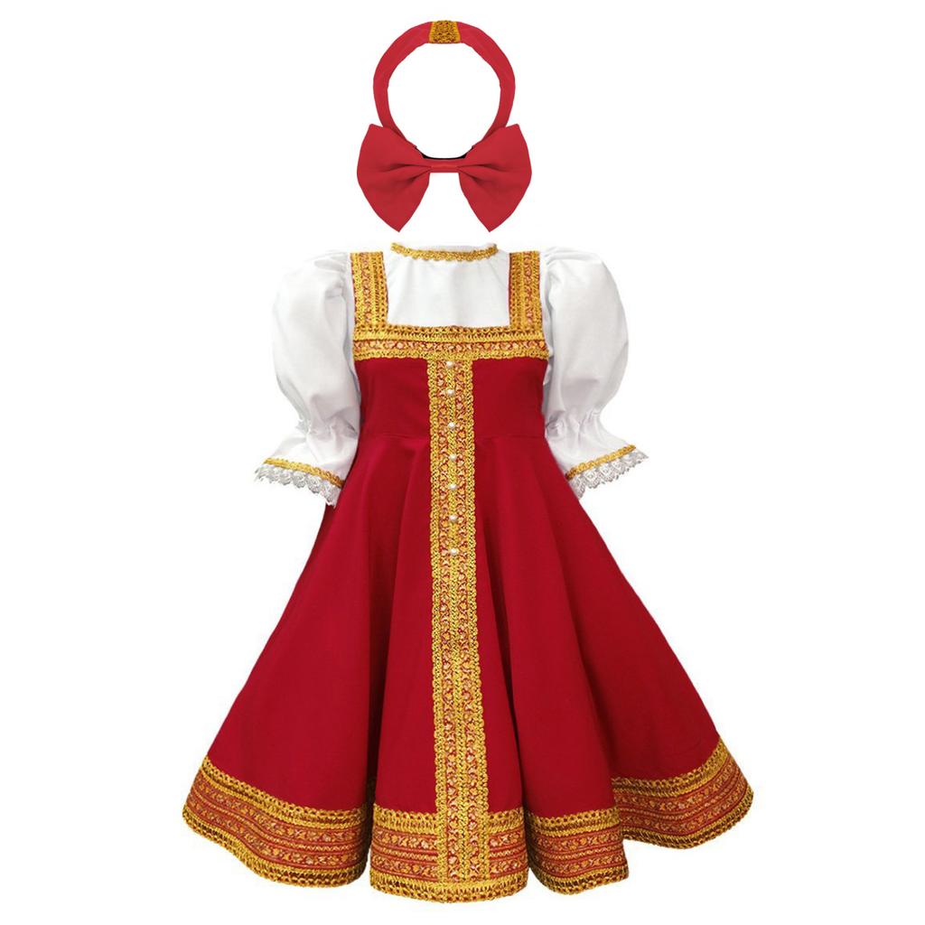 Halloween Cosplay Costume Kids Girls Puff Sleeve Knee Length Dress With Headpiece Russian Traditional Outfits
