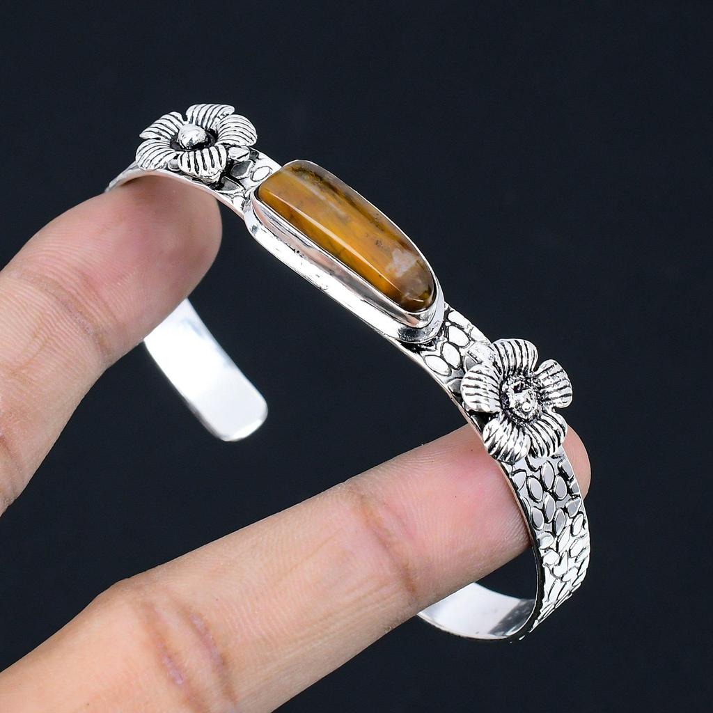 Halloween Sale Tiger Eye Stone 925 Sterling Silver Sister Flower Bangle Bracelet