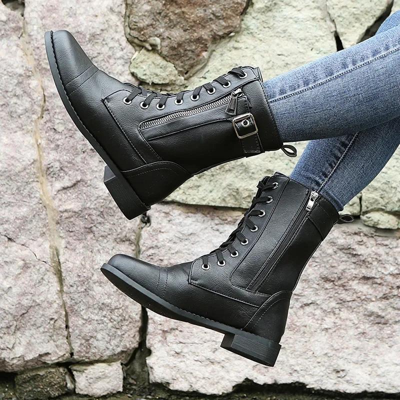 Dámské kotníkové kozačky s hranatým podpatkem podzim zima PU kůže krátké pracovní boty žena nadměrná velikost šněrování elastické botas Mujer