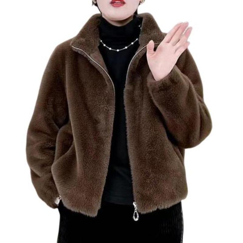Women Winter Coat Thick Faux Fur Turn-down Collar Short Type Zip-up Cardigan Long Sleeves Cold-proof Outerwear School Outdoor Jacket
