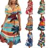 Women's Casual V Neck Short Sleeve Hawaiian Print Dress Summer Beachwear Midi Dress with Wrap Style and Relaxed Fit