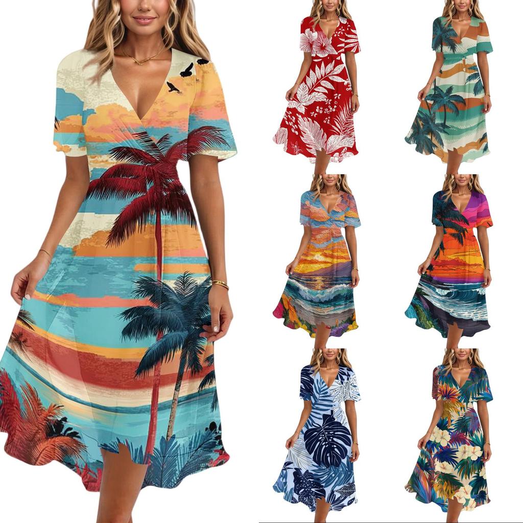 Women's Casual V Neck Short Sleeve Hawaiian Print Dress Summer Beachwear Midi Dress with Wrap Style and Relaxed Fit