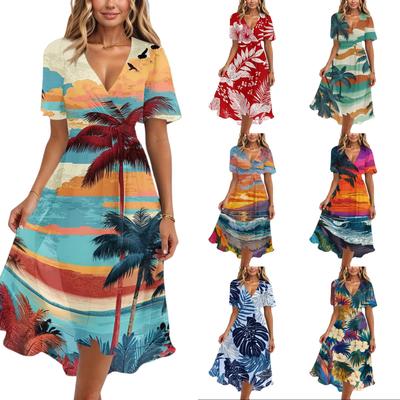 Women's Casual V Neck Short Sleeve Hawaiian Print Dress Summer Beachwear Midi Dress with Wrap Style and Relaxed Fit