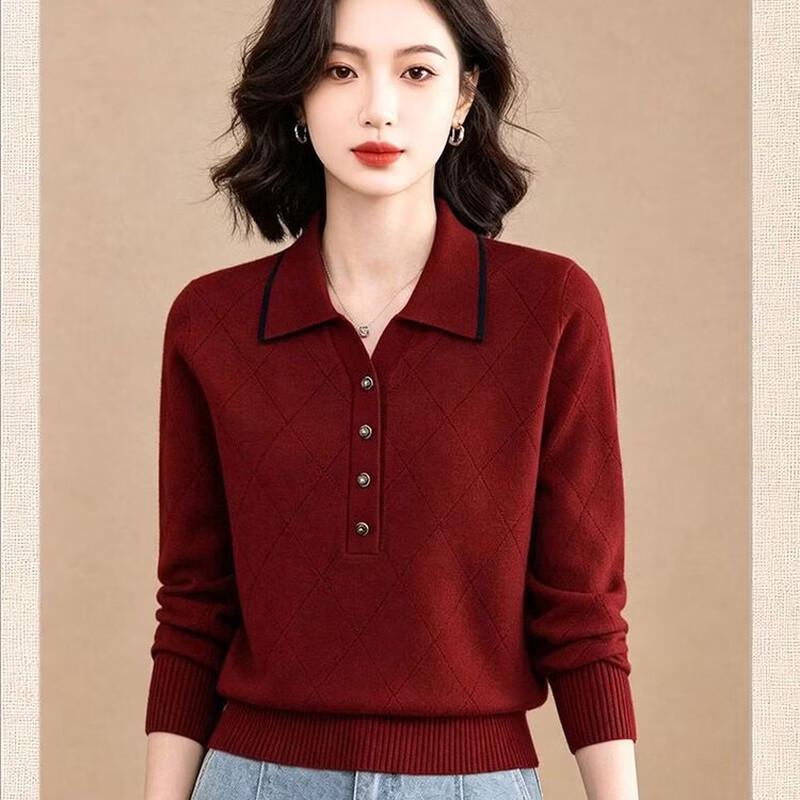 EST+II Diamond Jacquard Polo Collar Long-Sleeve Knit Sweater