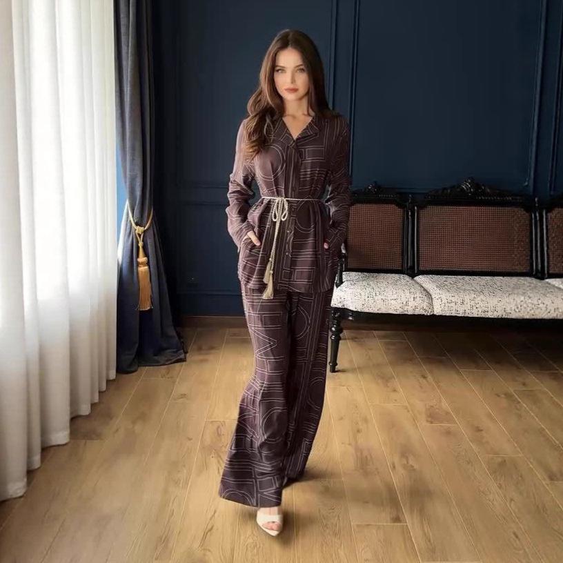 European & American V-neck Graphic Tie Long Sleeve Top and Casual Pants Women's Fashion Set, 2025 Collection