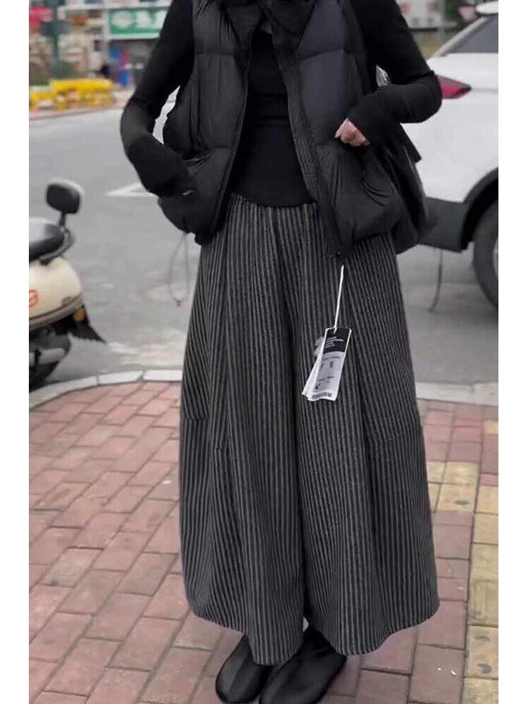 

European High-End Black Wool Wide-Leg Women s Pants - 2025 Autumn/Winter Thick Stripe, Versatile Loose Casual Style L (suggested for 106-115 jin)