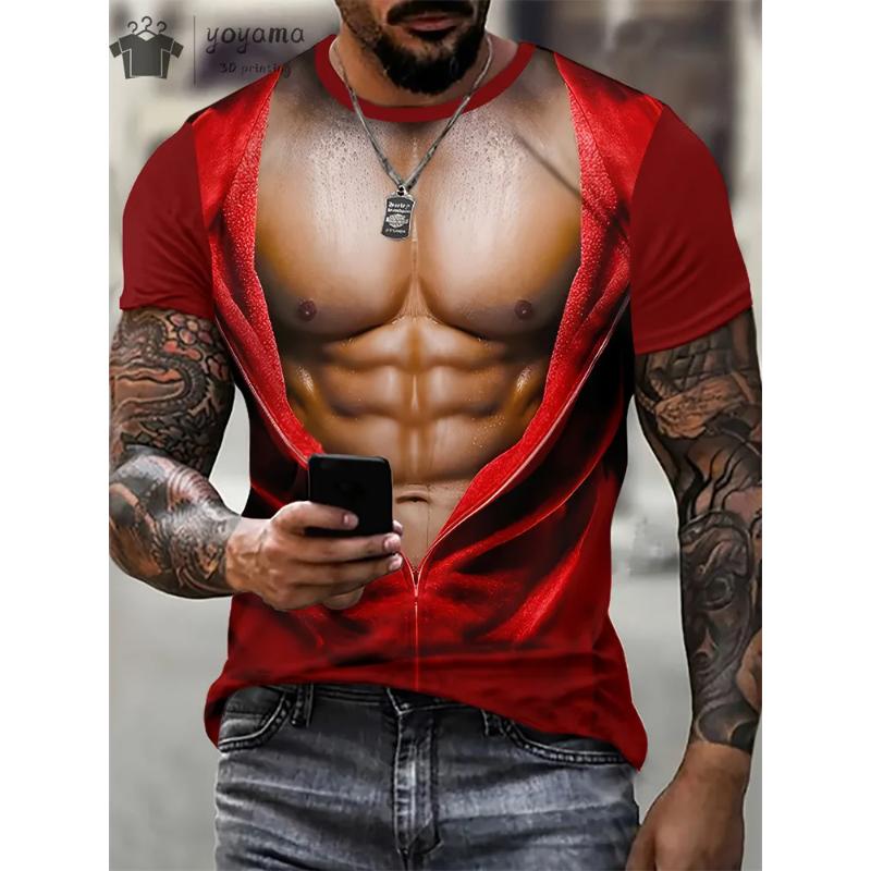 Funny Fake Muscle 3D Print Sports Quick Dry Breathable Men T-shirt Outdoor Street Casual Fashion Cosplay Party Short Sleeve Top