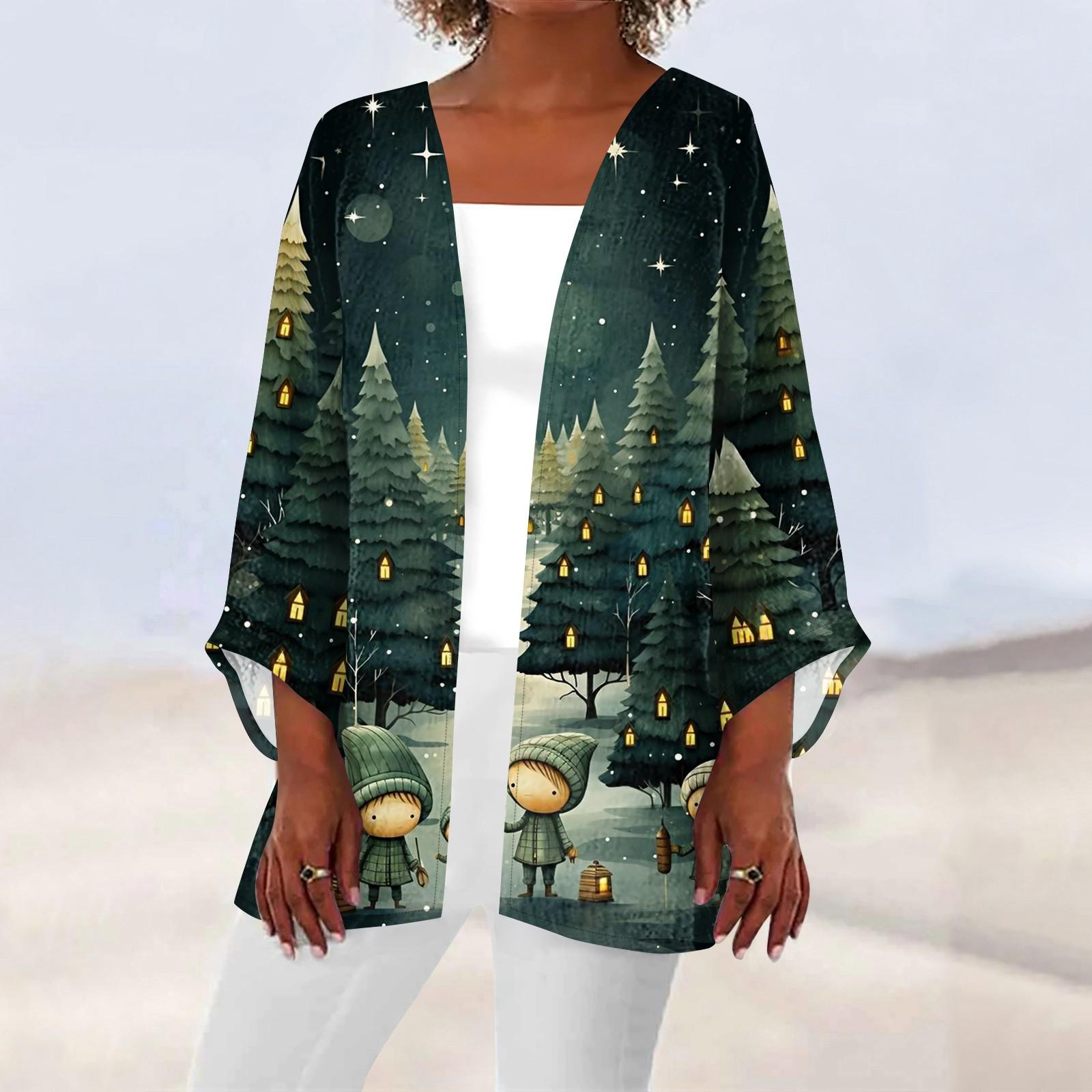 

Жіночий повсякденний модний кардиган із різдвяним принтом Caot із легким жакетом середньої довжини M зелений