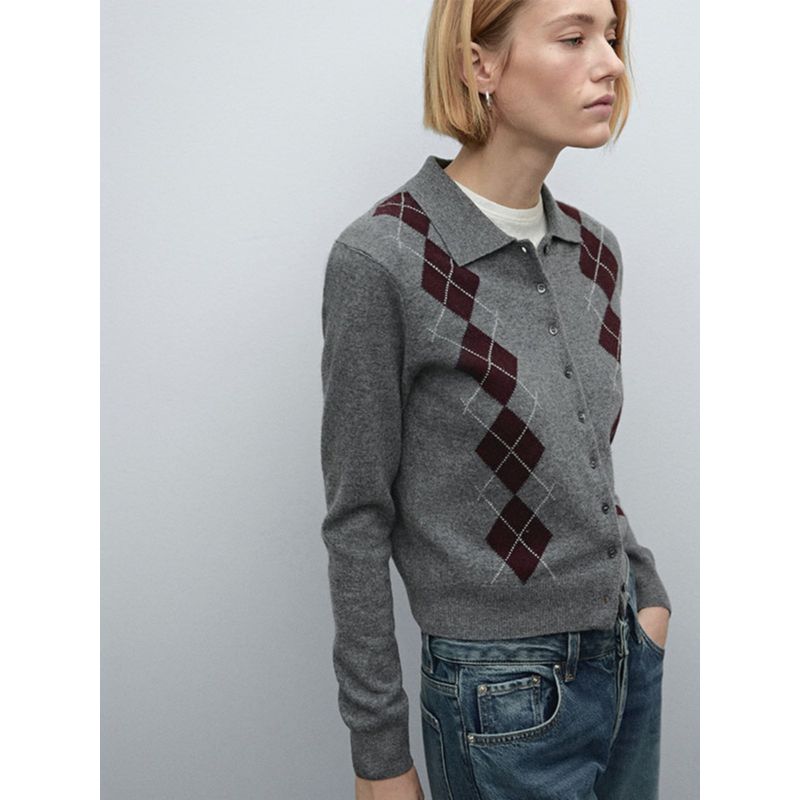 MD Women's Clothing New British College Style Diamond Pattern Short Wool Polo Collar Knitting Cardigan 05746639802