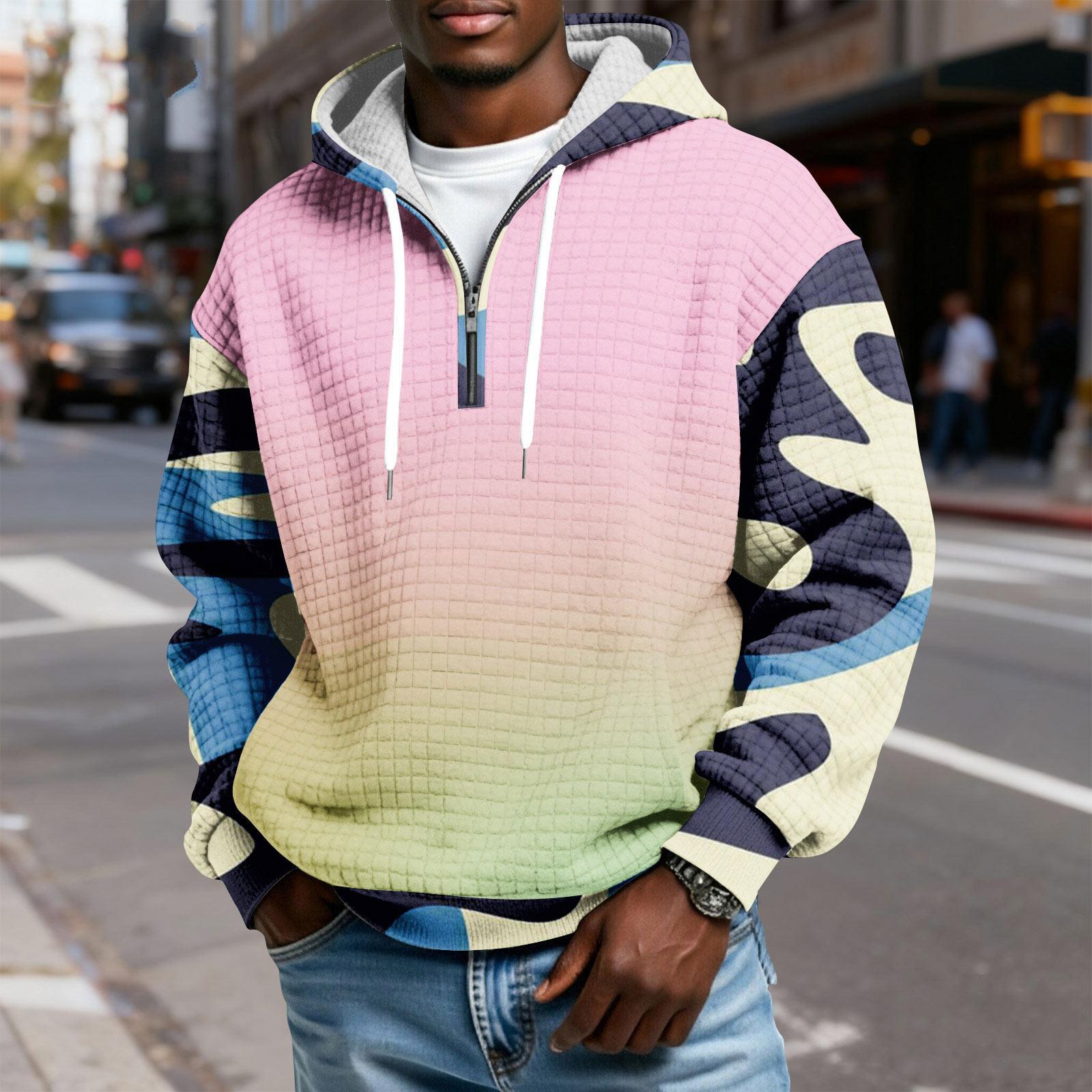 

Мужской худи-пуловер в клетку с капюшоном на молнии до середины, со шнурком и принтом, повседневная спортивная толстовка M розовый