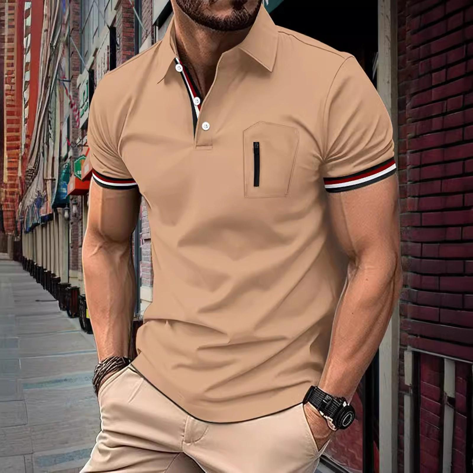 

Мужская однотонная рубашка с карманами на пуговицах и коротким рукавом M хаки