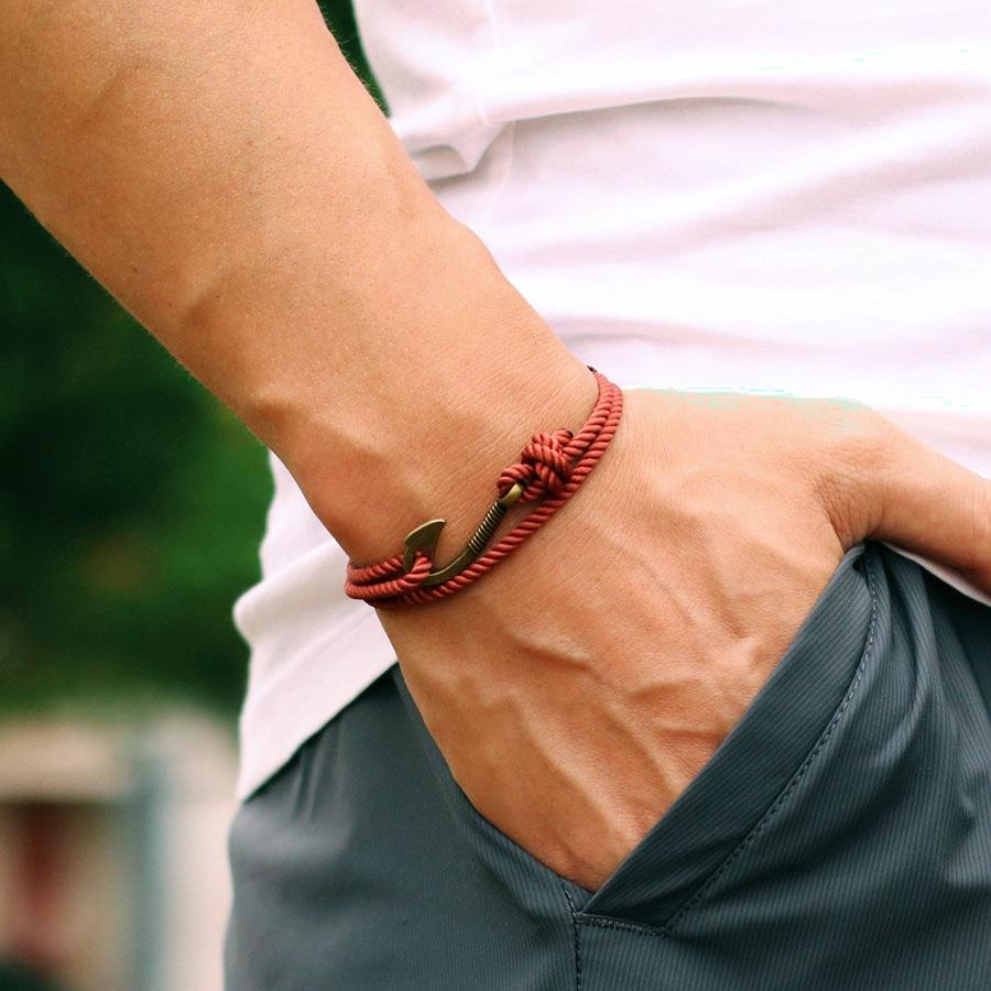 Double Layer Adjustable Men Casual Bracelet With Fishing Hook Charm Grade A 3mm Rope Good Luck Red Thread Braslet Nautical Joias