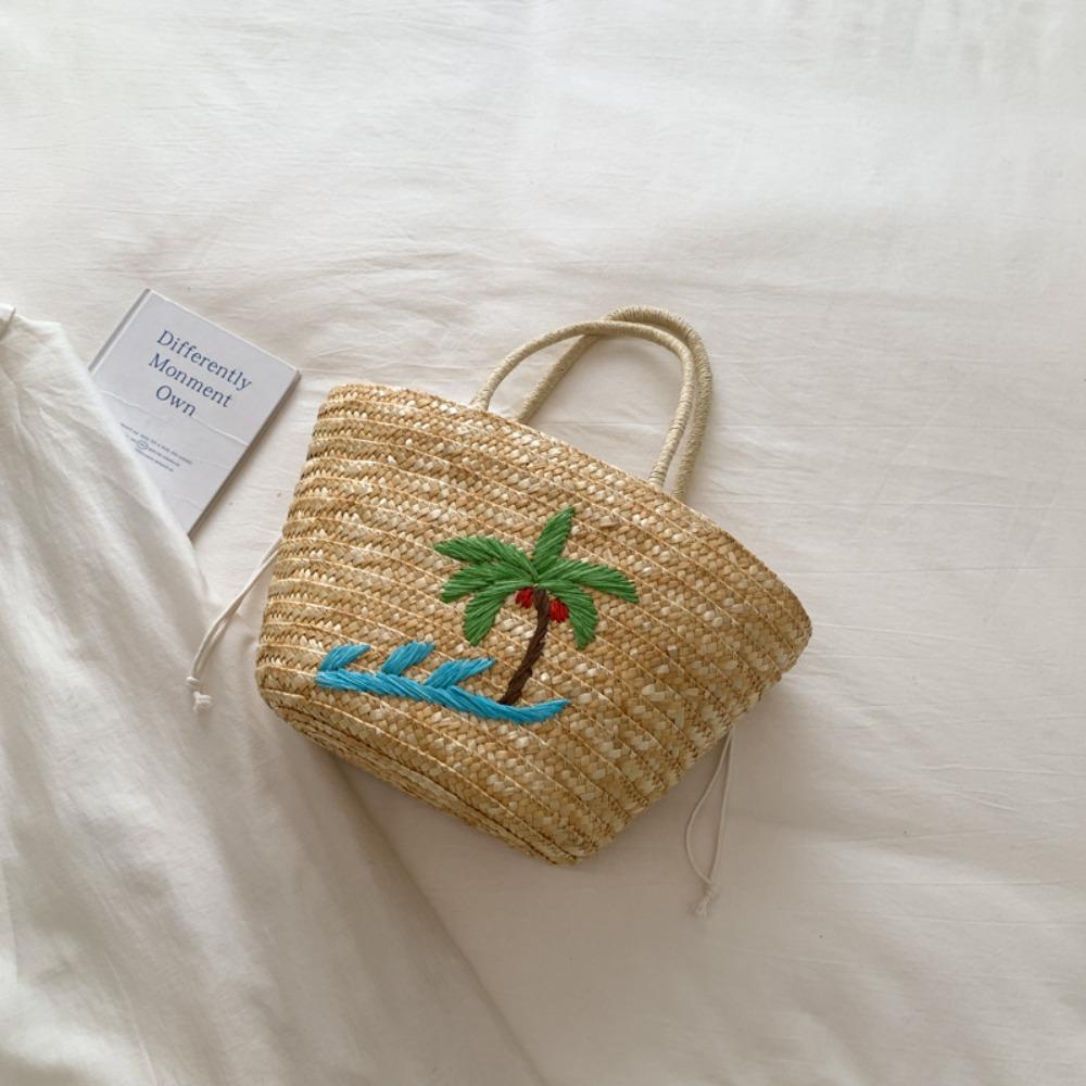 Large Capacity Coconut Tree Embroidery Straw Bag Embroidered Duck Rattan Handbag  Summer зелёный