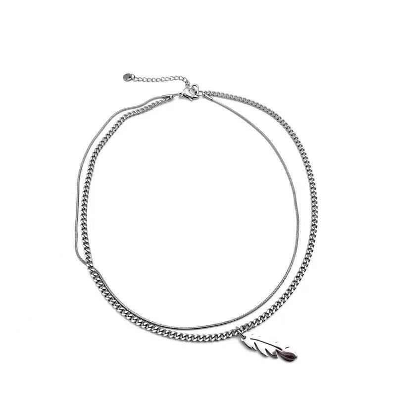 

European and American retro texture leaf double layer titanium steel necklace men ins tide feeling light luxury hip hop collarbone chain