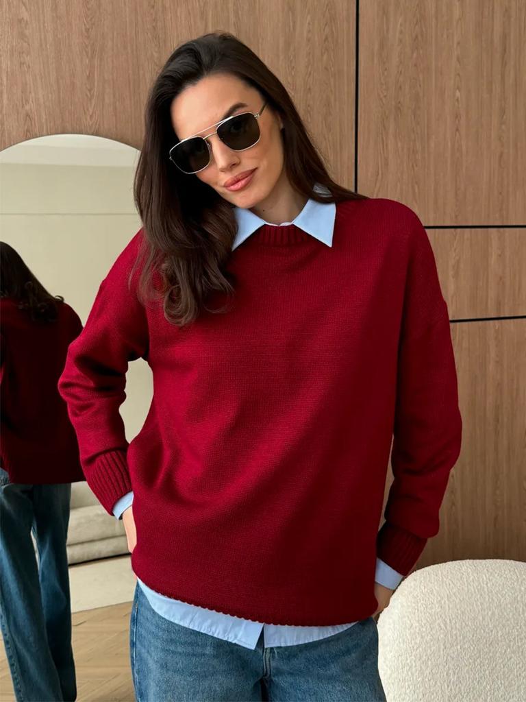 Crew neck pullover sweater, European & American 2025 autumn/winter slit solid color knit sweater, versatile warm casual sweater for women