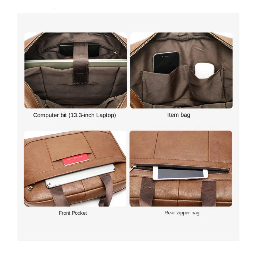 Men's Handbag 100% Genuine Leather Business Briefcase Large Capacity Cowhide Shoulder Crossbody Bag 14 Inch Laptop Bag