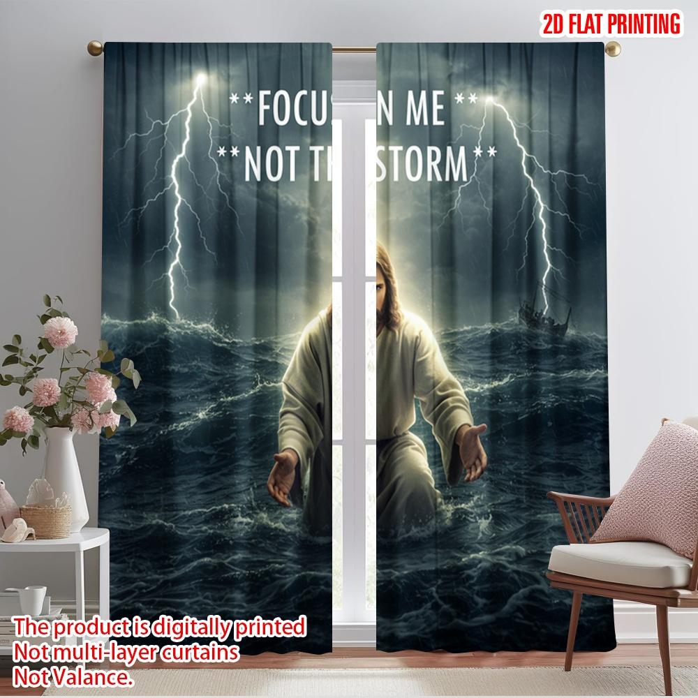 

2pcs 2D flat printing Curtain Jesus Focus Storm Faith Polyester Without Electricity All Season Party & Holiday Decor Perfect for 100*130 Rod Pocket 1pcs