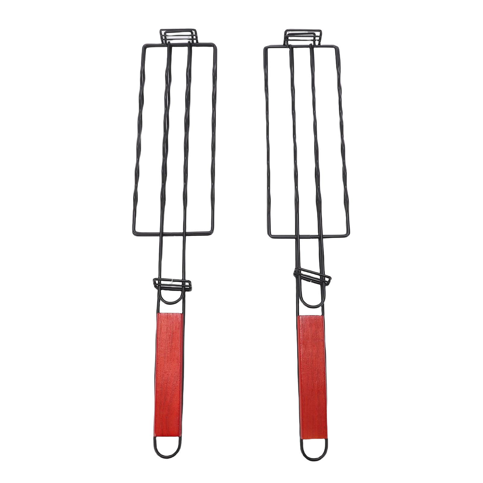 

2pcs Hot Dog Holders for Grilling Sausage Grill Basket Barbecue Mesh Clamp Heatproof Wooden Handle for Cooking Easy to Clean