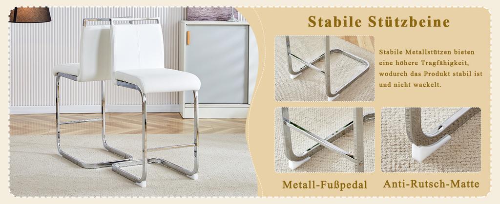 Set of 2 Bar Stools in Nordic Style. High-quality white faux leather with silver metal legs. Suitable for restaurants, kitchens. Height: 96.5 cm.