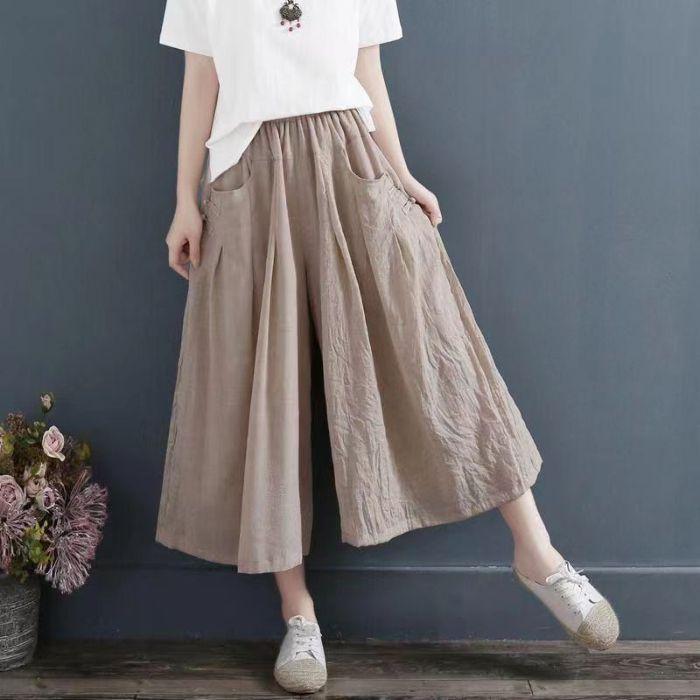 Frühling und Sommer Neue Leichte und Dünne Retro Chinesischer Stil Hohe Taille Lässige Plisseehose Rock Einfache Lässige Weitbeinige Hose