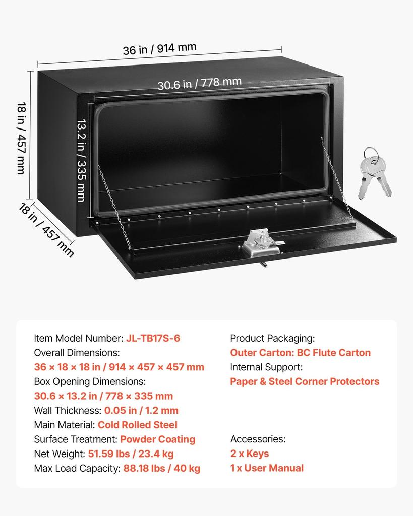 Unterboden-LKW-Werkzeugkasten, 914 x 457 x 457 mm Robuster Stahl-Anhänger-Aufbewahrungsbox mit Schloss & Schlüsseln, Wasserdichter Anhänger-Aufbewahrungs-Organizer Unterboden
