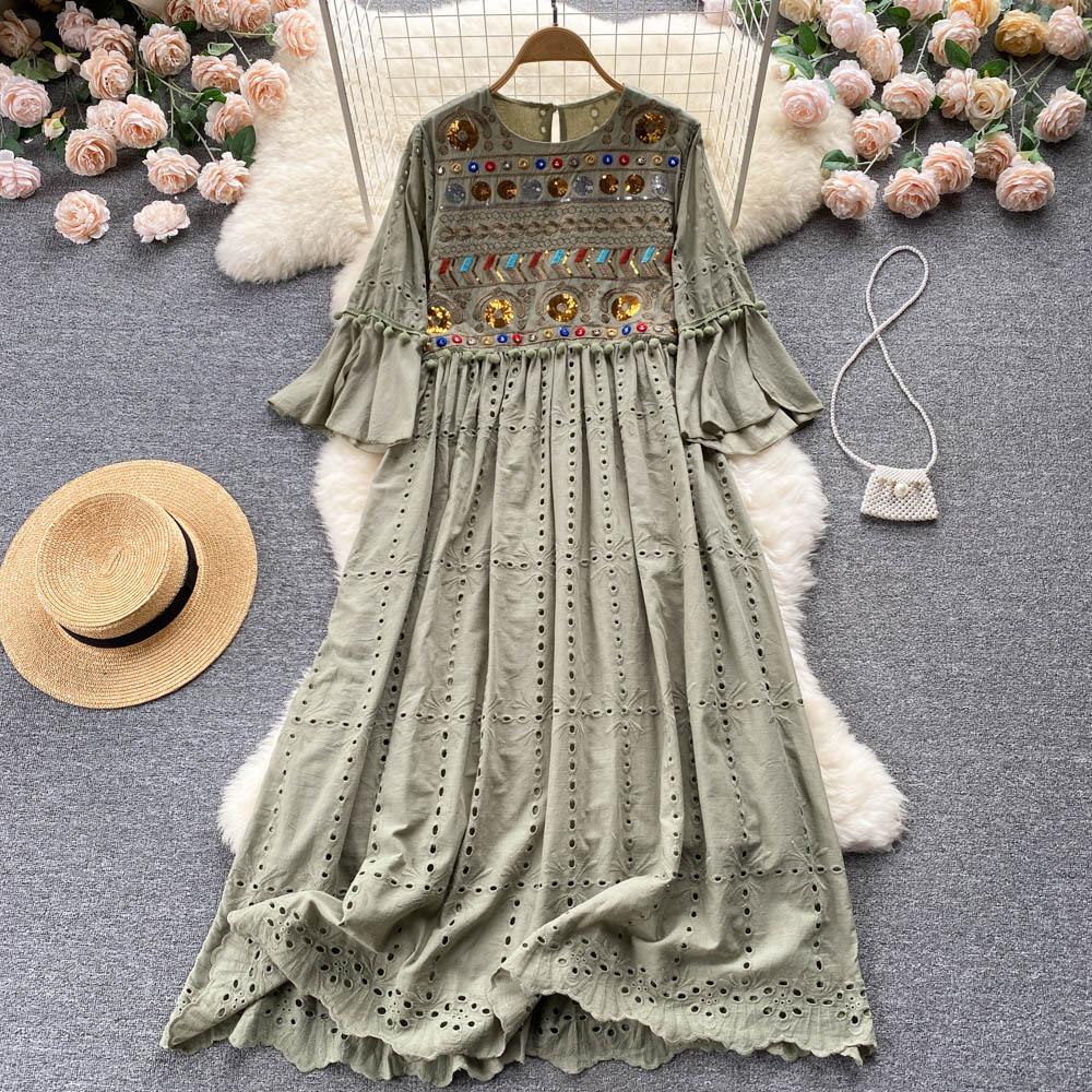 RUGOD French Retro Ethnic Embroidered Round Neck Flared Sleeve Dress Women's Loose Temperament All-match A-line Long Dress