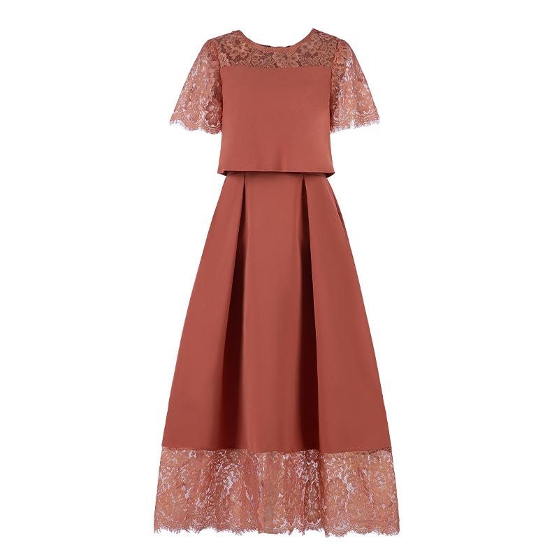 

Independent station dress new spring short-sleeved lace temperament elegant host slim dress XXXL кораловий