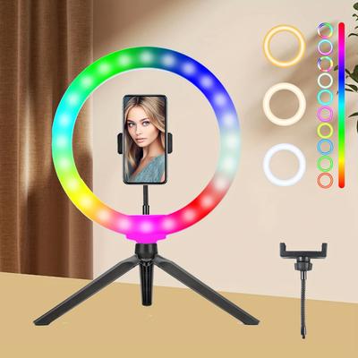 1ks 8/10/12palcový RGB kruhové světlo se sadou, s nastavitelnou barvou, stabilním stativem a držákem na telefon - Napájení přes USB pro video, selfie a make-up