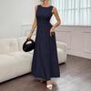 Damen Unifarben Ärmellos Plissiert Rundhals A-Linie Maxikleid Elegant Langes Freizeit-Partykleid