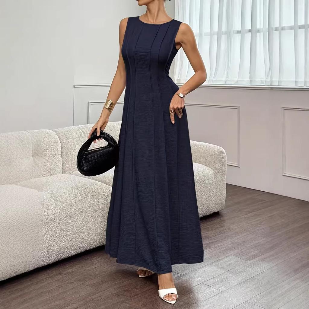Damen Unifarben Ärmellos Plissiert Rundhals A-Linie Maxikleid Elegant Langes Freizeit-Partykleid