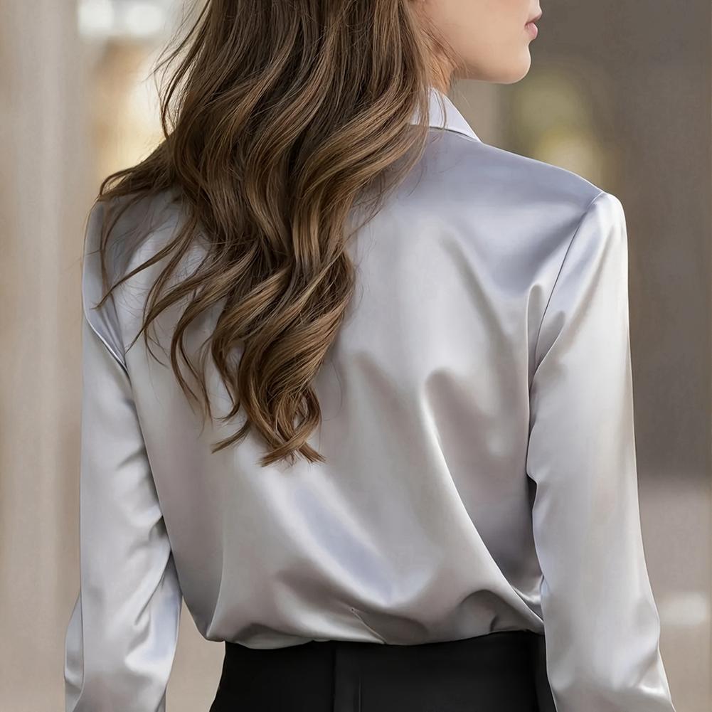 Women's Solid Color Lapel Smooth Simple Business Office Long Sleeve Shirt Elegant Shirt