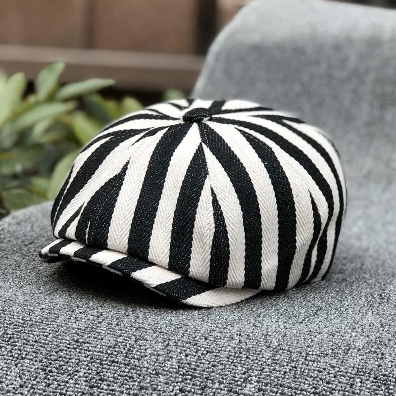 Маленькая восьмиугольная шляпа Весенняя полосатая кепка Модная кепка-газетчик Художественная кепка Британский берет S55-56CM