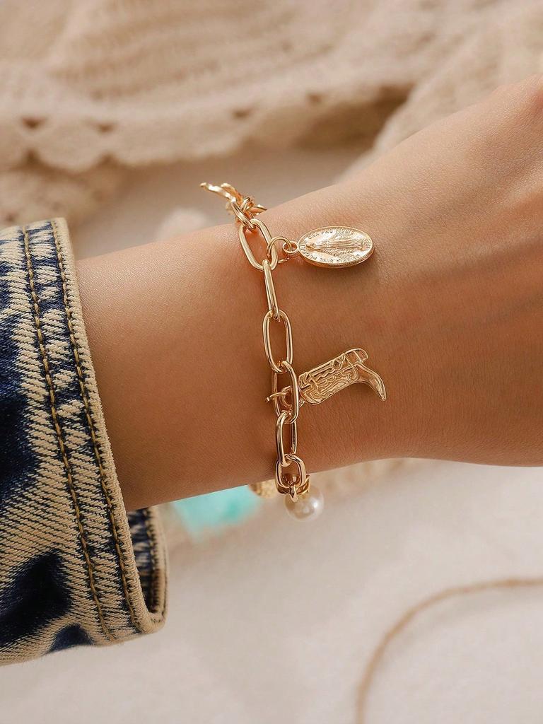 1pc Vintage Adjustable Western Style Cowgirl Faux Pearl Decor Cowboy Hat Horse & Cowboy Boot Charm Bracelet, Simple Jewelry Gift