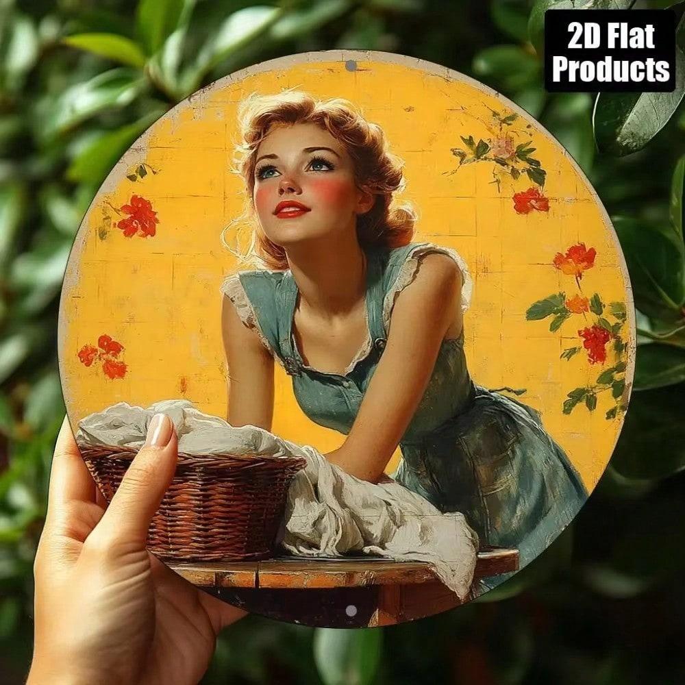 Vintage Laundress Girl Retro Round Aluminum Metal Wall Art Home Decor For Kitchen