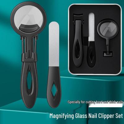 Stainless Steel Magnifying Glass Nail Clipper Set - Large Clippers & Iron Box for Thick Nails