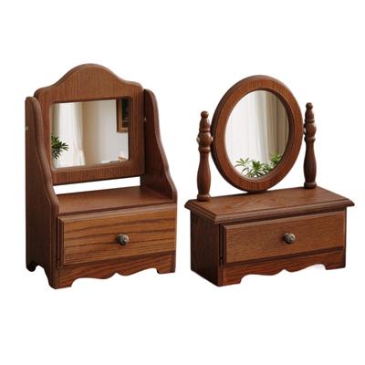 Wood Desk Makeup Mirror Wooden Table Top Vanity Mirror with Storage Box Countertop Mirror Tabletop Mirror for Bathroom Women