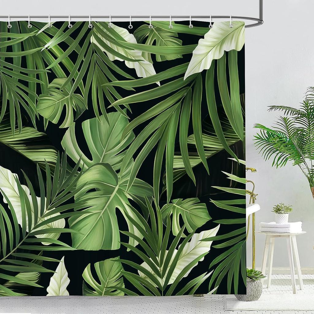 Tropical Leaves Shower Curtains Green Palm Banana Leaf Monstera Jungle Plants Hawaiian Modern Flowers Butterfly Bathroom Decor