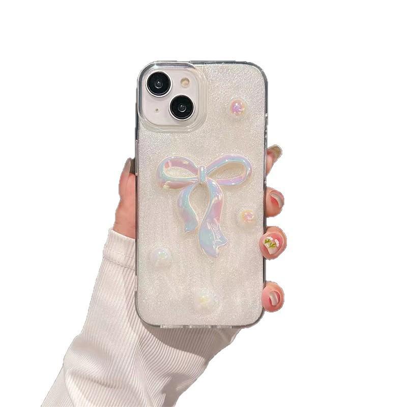 Silver Bead Bow Phone Case for IPhone17promax Epoxy Luxury Women’s Model 14 for Apple 15 Pearl 13
