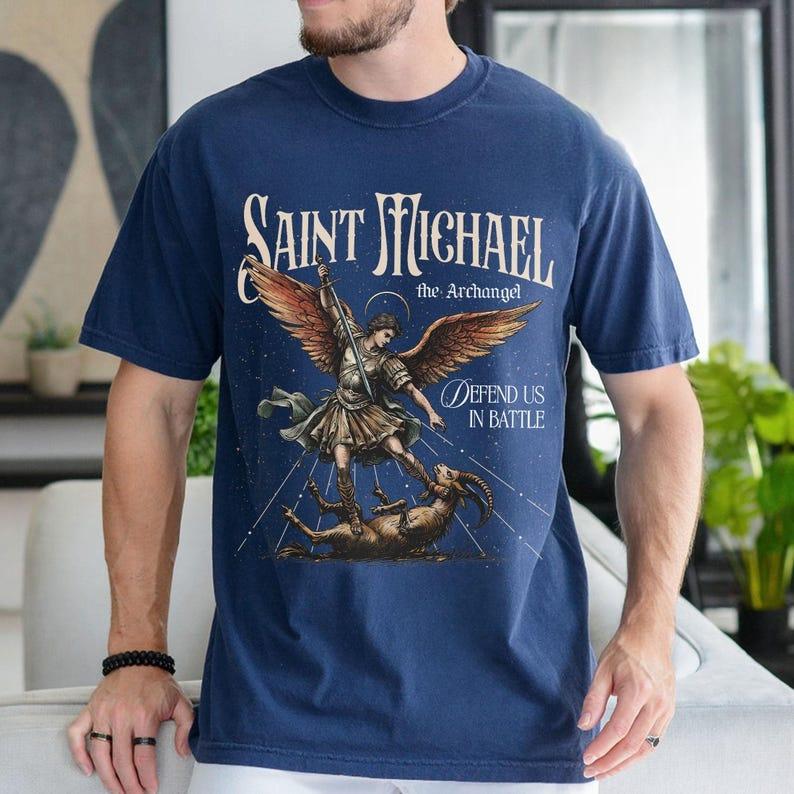 St. Michael Archangel Comfortable Colored Shirt Christian Religious T-shirt Defend Us Fight Catholic Clothing Men Gift Tops
