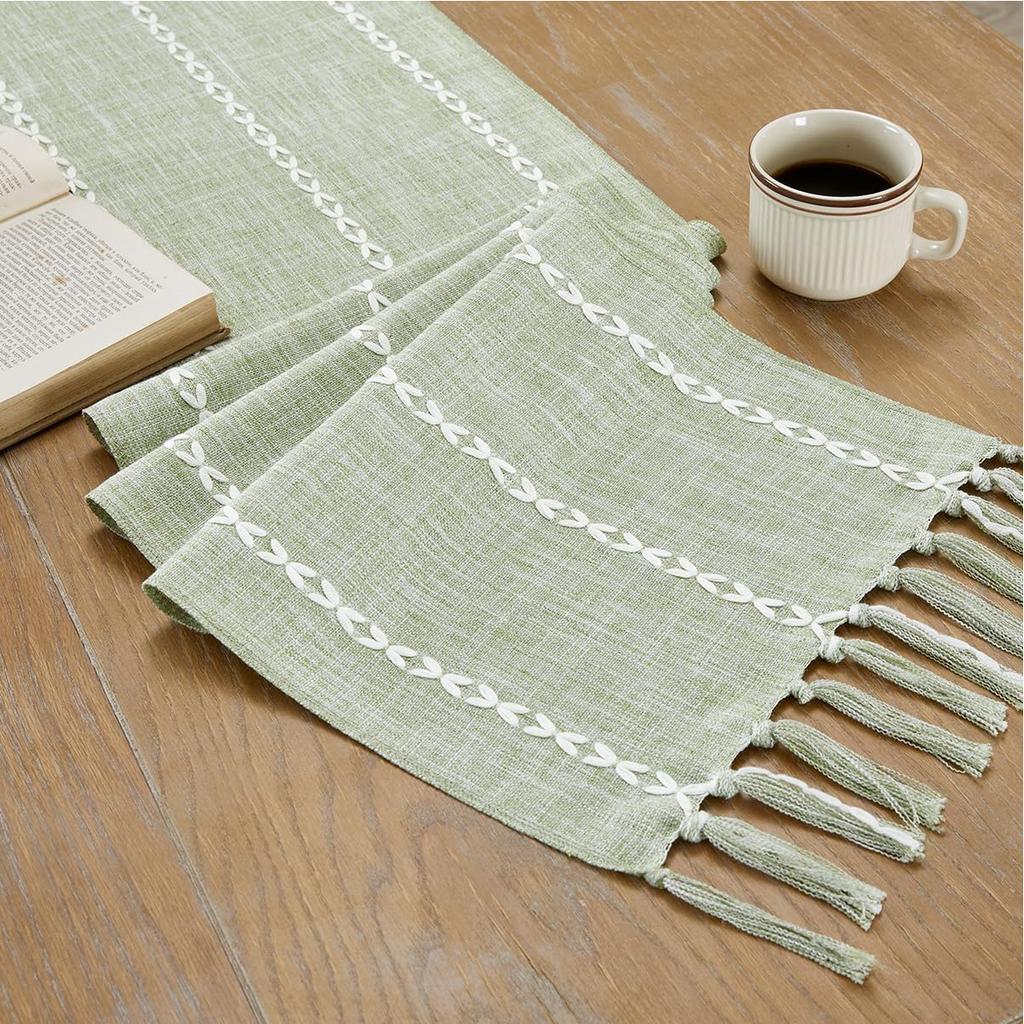 Party, Dresser Decor and Dining Room Decorations Rustic Cotton Linen Table Runner  with Hand-Tassels