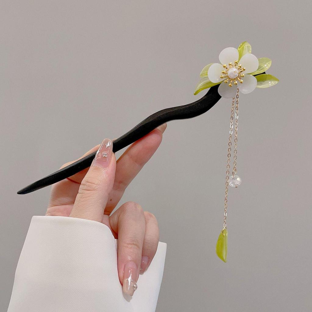 High-End Chinese Wooden Hairpin with Tassels – Ancient Style Ebony Faux for Women