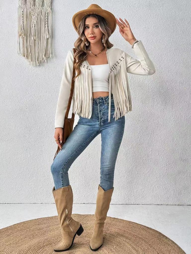 New Fringed Jacket with Faux Fur and Tassel Decoration, No Button Short Sleeve Women's Long Sleeve Cardigan Jacket