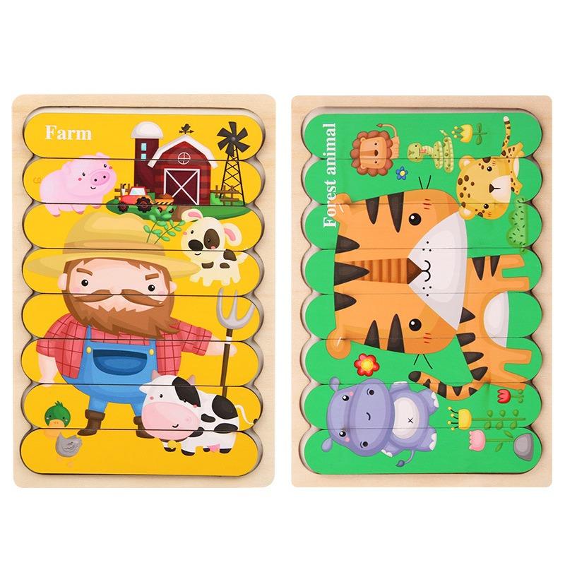 Kids New Wooden Two-sided Strip 3D Puzzles Wood Vehicle Fruit Jigsaw Puzzle Toy for Children Baby Learning Educational Toys Gift