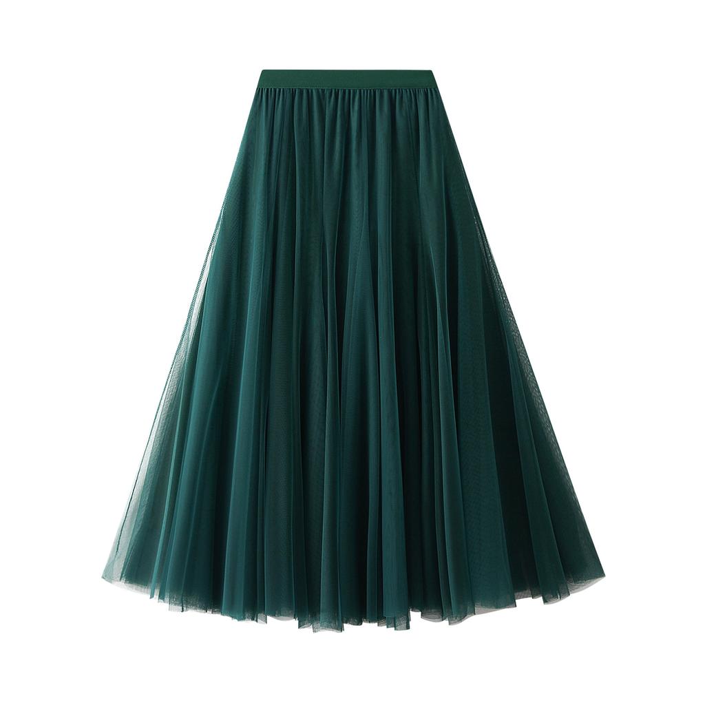 Women's Tulle Skirt Elastic High Waisted A-Line Layered Flowy Long Skirts Pleated Mesh Midi Skirts for Women Casual Beach Ruffle Skirts for Party