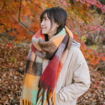 Regenbogen Bunter Quastenschal Damen Schick Trend Damen Schals Imitation Kaschmir Karomuster Schal Warm Dick Weiblich Wickeltuch