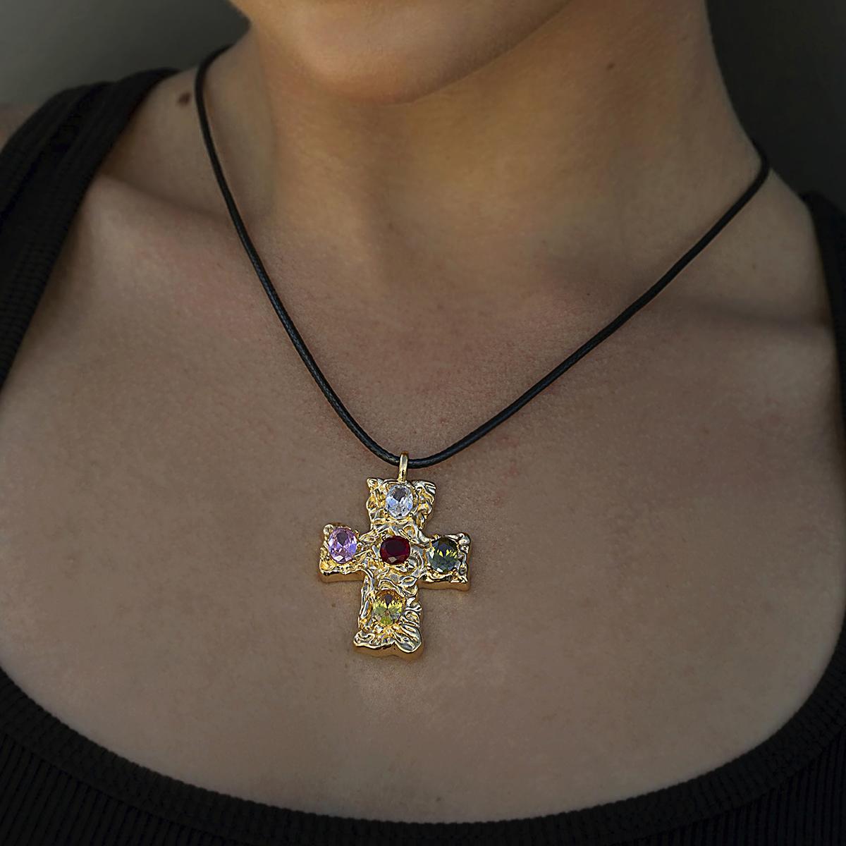 

Uworld крест из нержавеющей стали цветные стразы кулон панковское ожерелье женское золотого цвета минималистичный черный воск ювелирные изделия из веревки