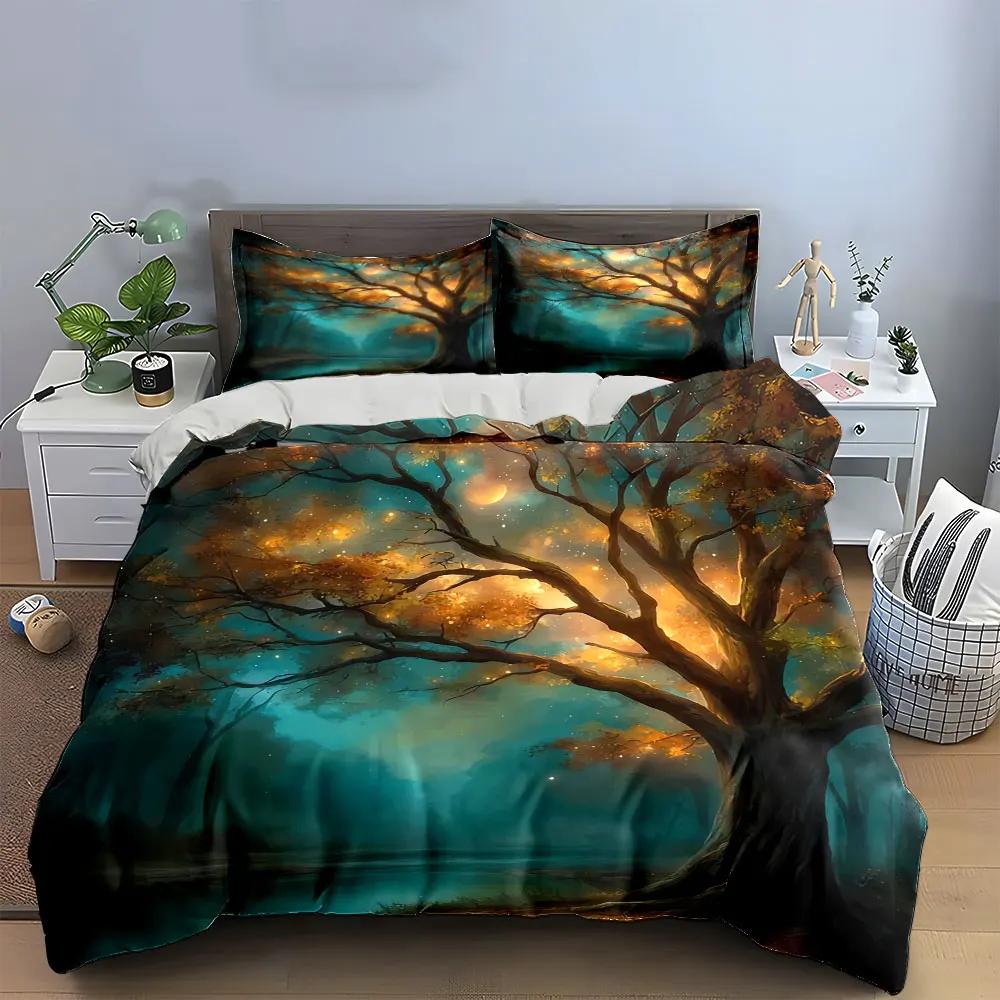 3Pcs Magical Forest Bedding Set Glowing Autumn Tree Print Duvet Cover + 2 Pillowcases Fantasy Nature Decor